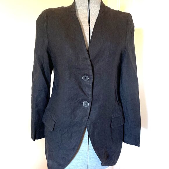 Vintage Black Linen Blazer Jacket Two Button Curved Hem Flap Pocket Lined - Picture 1 of 6
